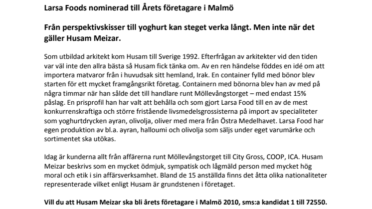 Larsa Foods nominerad till Årets företagare i Malmö
