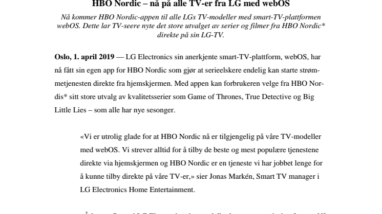 HBO Nordic – nå på alle TV-er fra LG med webOS
