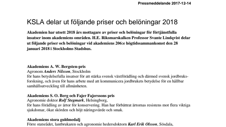 KSLA har utsett 2018 års pris- och belöningsmottagare