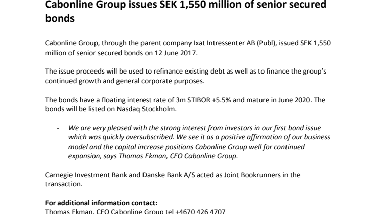 Cabonline Group issues SEK 1,550 million of senior secured bonds