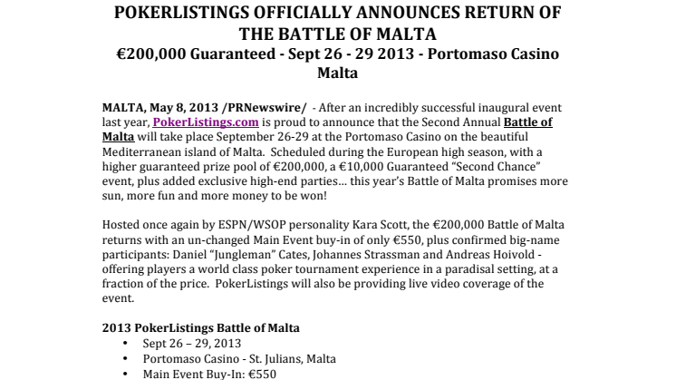 PokerListings Announces Return of the Battle Of Malta Live Poker Tournament
