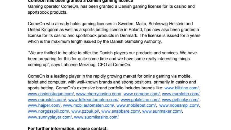 ComeOn has been granted a Danish gaming licence