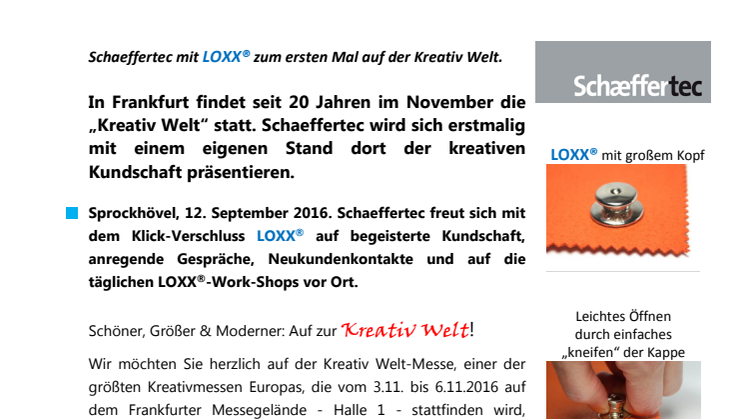 Schaeffertec mit LOXX® zum ersten Mal auf der Kreativ Welt Frankfurt.