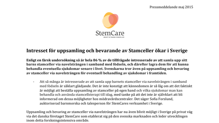 Intresset för uppsamling och bevarande av Stamceller ökar i Sverige