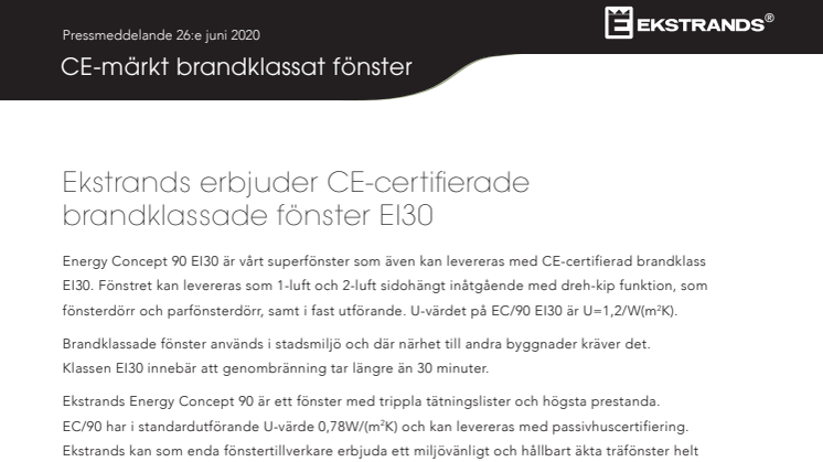 ​Ekstrands erbjuder CE-certifierade brandklassade fönster EI30