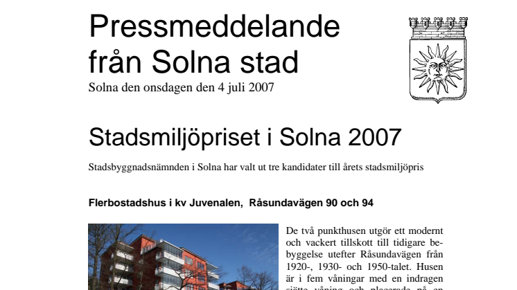 Stadsmiljöpriset i Solna 2007