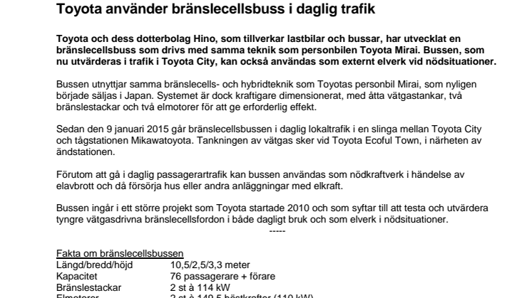 Toyota använder bränslecellsbuss i daglig trafik