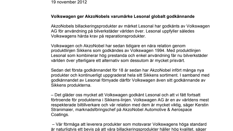 Volkswagen ger AkzoNobels varumärke Lesonal globalt godkännande