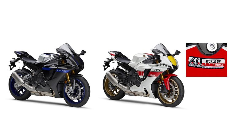 （左より）「YZF-R1M ABS」（カーボン）、「YZF-R1 ABS WGP 60th Anniversary」（ホワイト）、タンク天面の記念エンブレム