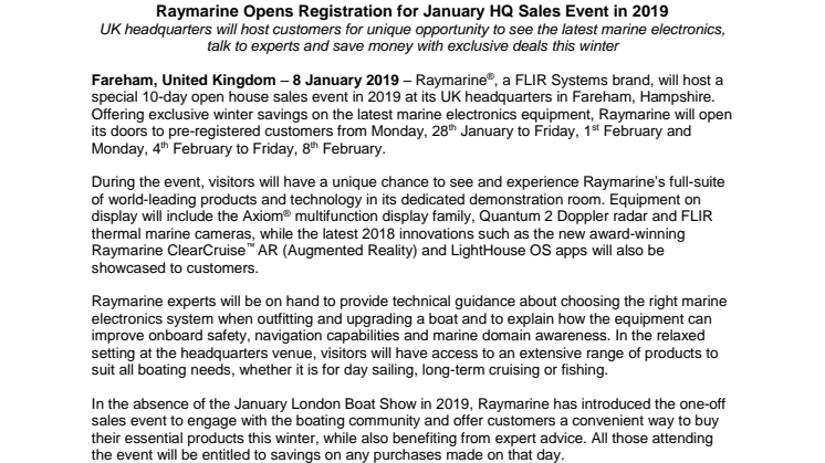 Raymarine: Raymarine Opens Registration for January HQ Sales Event in 2019