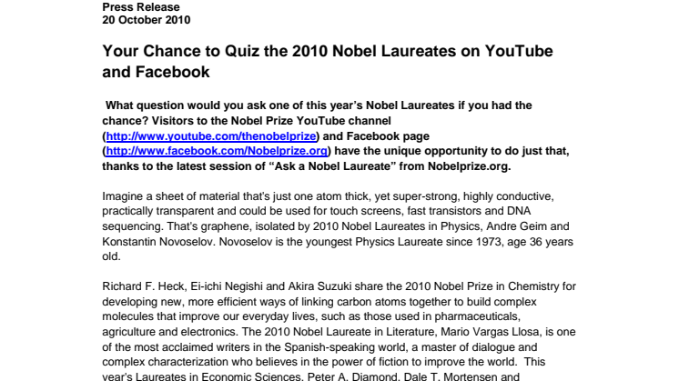 Your Chance to Quiz the 2010 Nobel Laureates on YouTube and Facebook