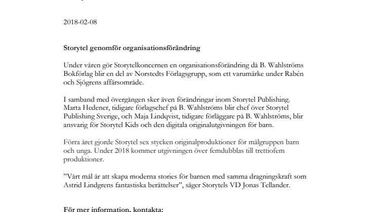 Storytel genomför organisationsförändring