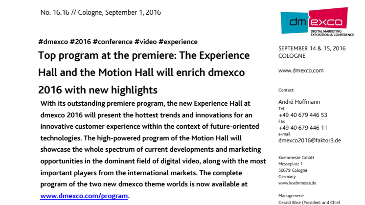 Top program at the premiere: The Experience Hall and the Motion Hall will enrich dmexco 2016 with new highlights