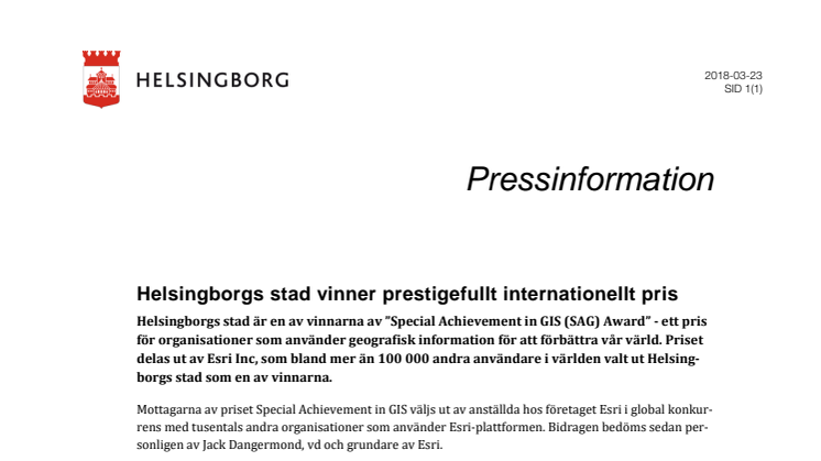 Helsingborgs stad vinner prestigefullt internationellt pris
