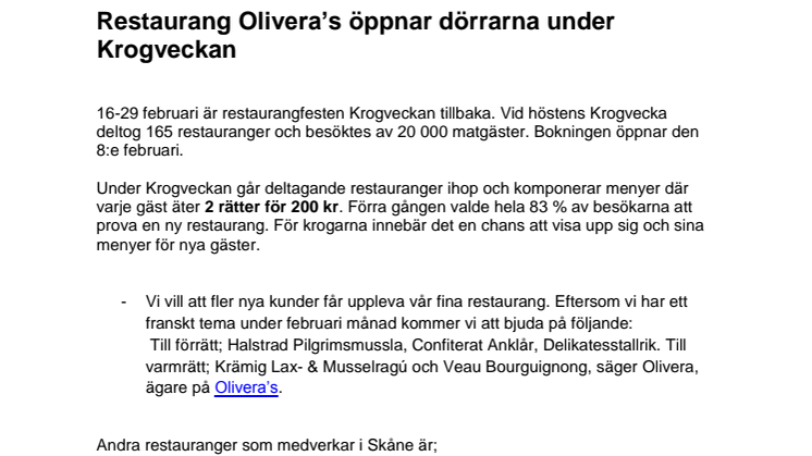 Restaurang Olivera’s i Lomma öppnar dörrarna under Krogveckan