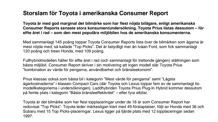 Storslam för Toyota i amerikanska Consumer Report