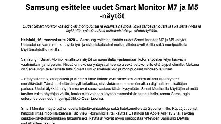 Samsung esittelee uudet Smart Monitor M7 ja M5 -näytöt