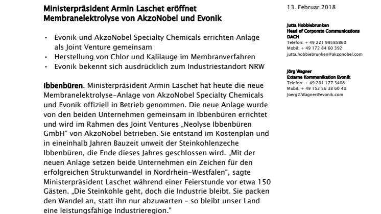 Ministerpräsident Armin Laschet eröffnet Membranelektrolyse von AkzoNobel und Evonik 