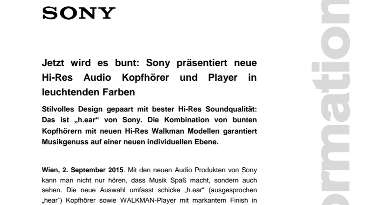Jetzt wird es bunt: Sony präsentiert neue  Hi-Res Audio Kopfhörer und Player in leuchtenden Farben