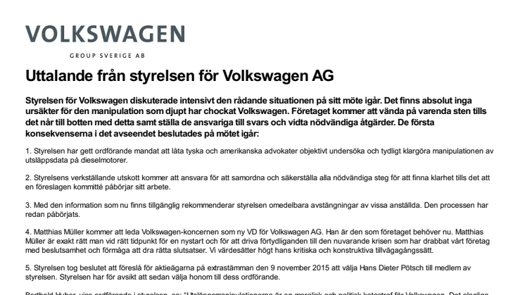 Uttalande från styrelsen för Volkswagen AG