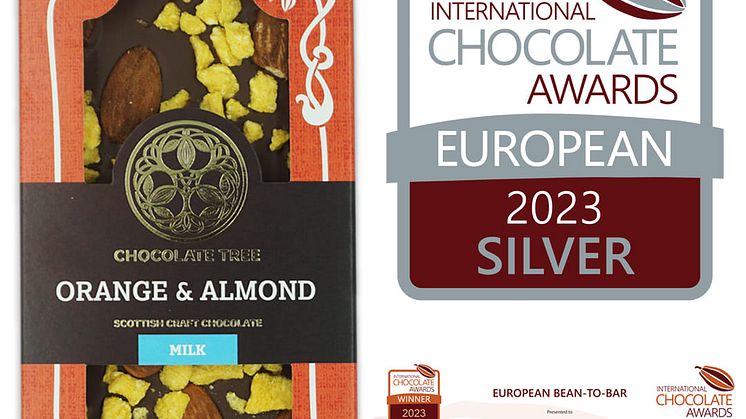 Prisbelont-InternationalChocolateAwards-OrangeAndAlmond-Choklad-100g-ChocolateTree-ekologisk-Beriksson