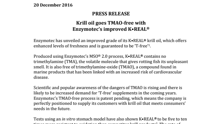 Press release – Krill oil goes TMAO-free with  Enzymotec’s improved K•REAL® 