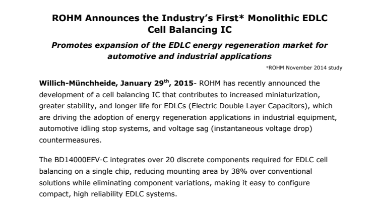 ROHM Announces the Industry’s First* Monolithic EDLC Cell Balancing IC --Promotes expansion of the EDLC energy regeneration market for automotive and industrial applications--