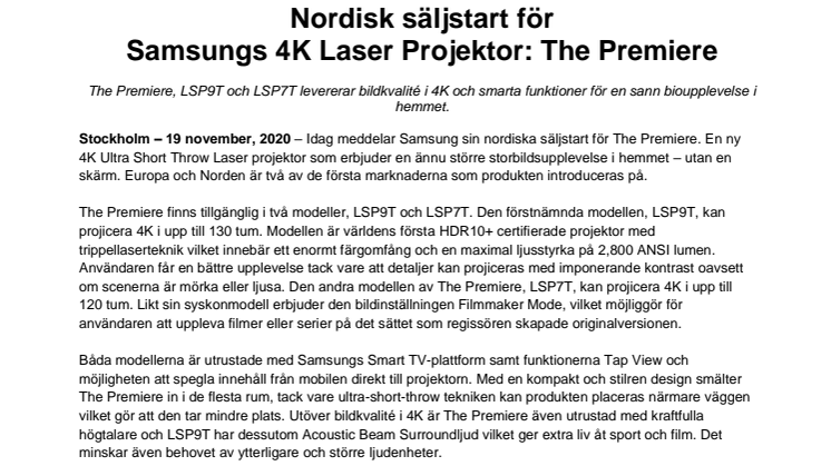 Nordisk säljstart för  Samsungs 4K Laser Projektor: The Premiere