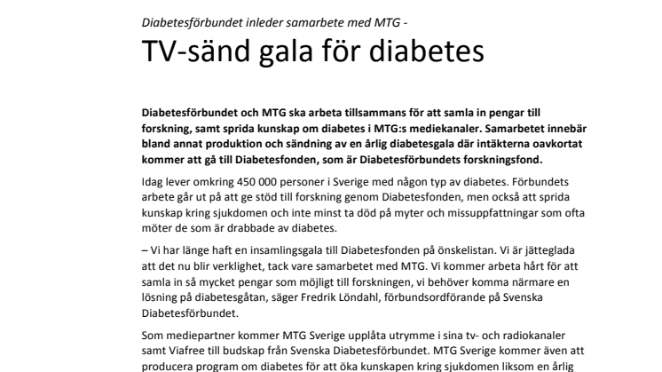Diabetesförbundet inleder samarbete med MTG -   TV-sänd gala för diabetes