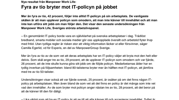 Nya resultat från Manpower Work Life: Fyra av tio bryter mot IT-policyn i Sverige 