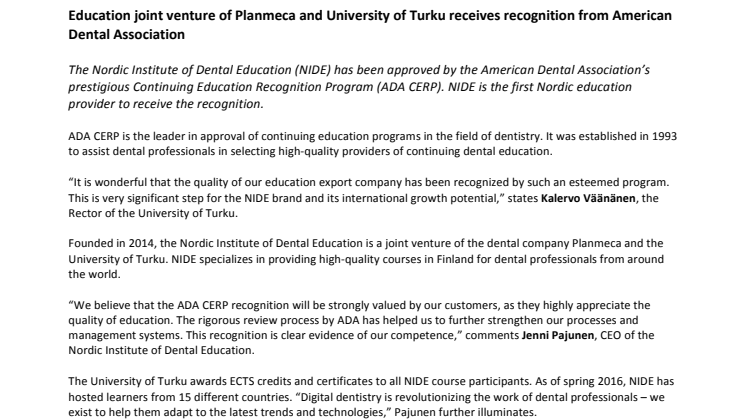 Education joint venture of Planmeca and University of Turku receives recognition from American Dental Association