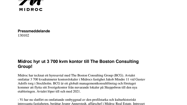 Midroc hyr ut 3 700 kvm kontor till The Boston Consulting Group!