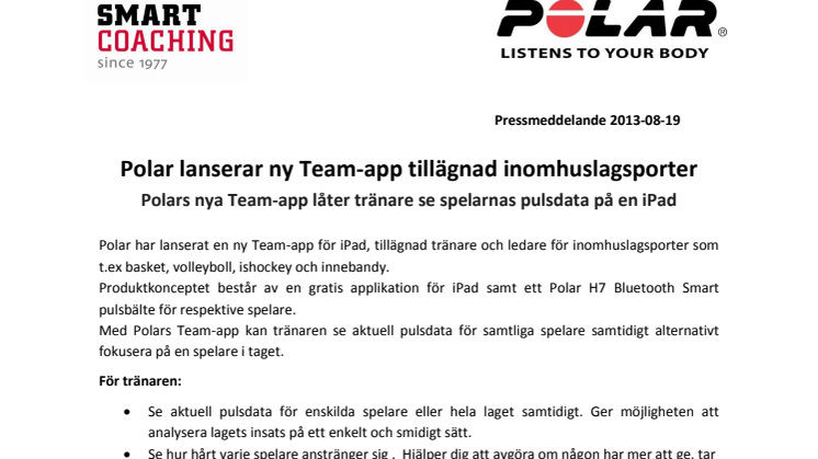 Polar lanserar ny Team-app tillägnad inomhuslagsporter