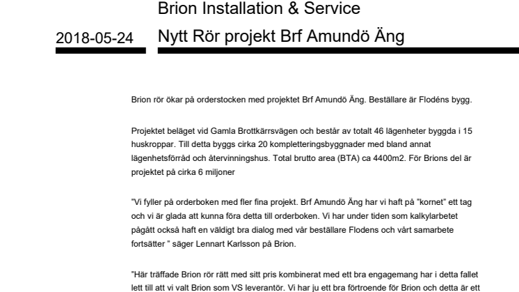 Brion Installation & Service Nytt Rör projekt Brf Amundö Äng