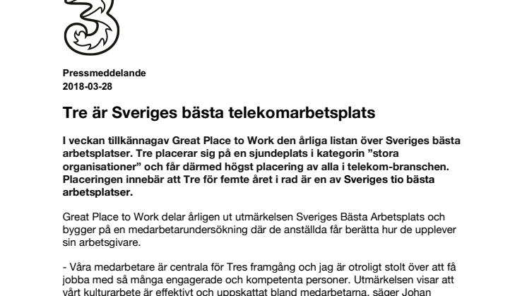 Tre är Sveriges bästa telekomarbetsplats 
