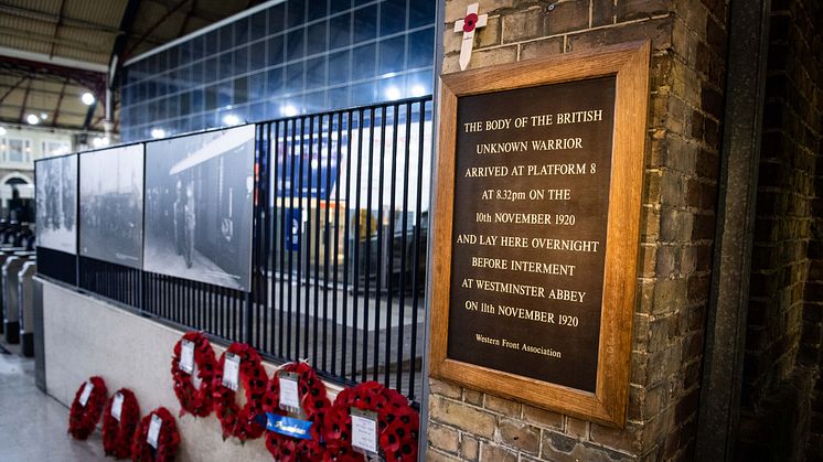 Commemorative poppy wreaths adorn platform 8 at Victoria station