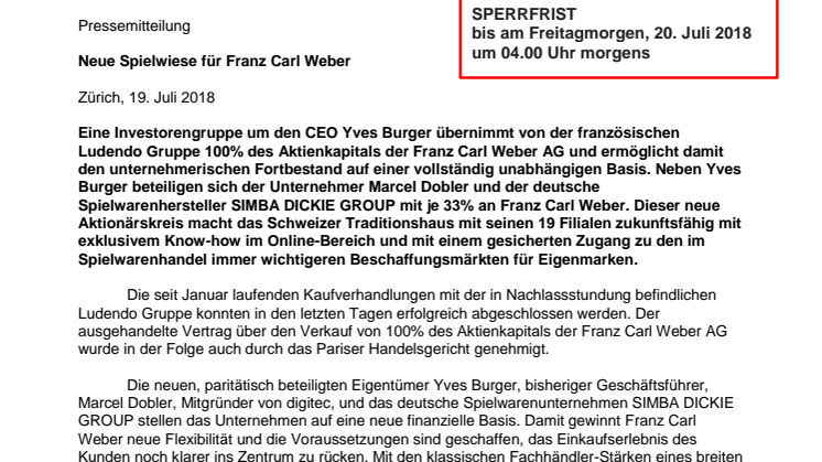 Jetzt ist es definitiv: Neue Spielwiese für Franz Carl Weber 
