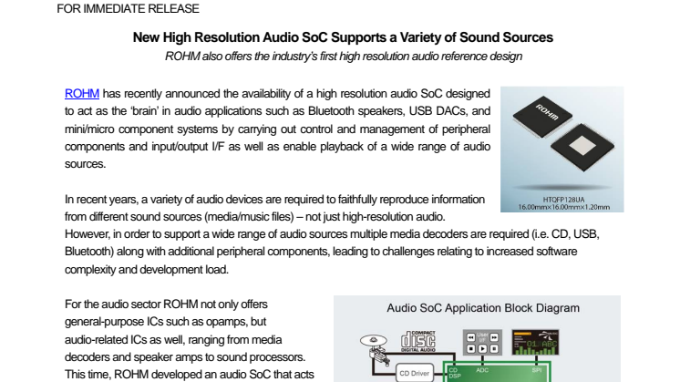 New High Resolution Audio SoC Supports a Variety of Sound Sources---ROHM also offers the industry’s first high resolution audio reference design