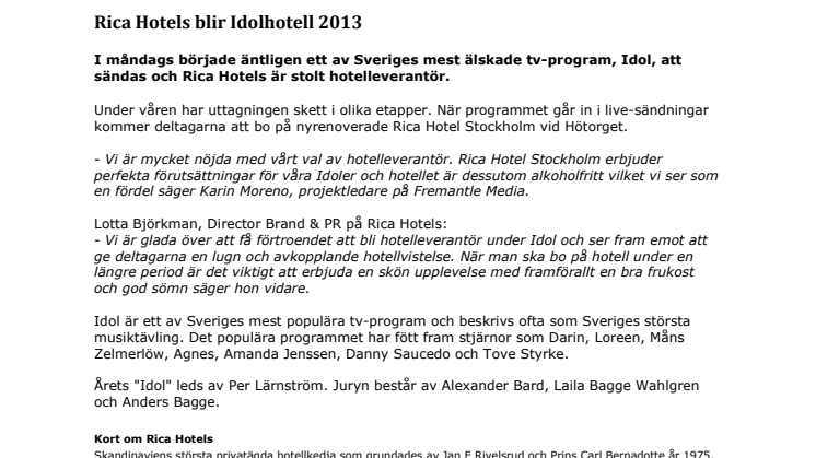 Rica Hotels blir Idolhotell 2013