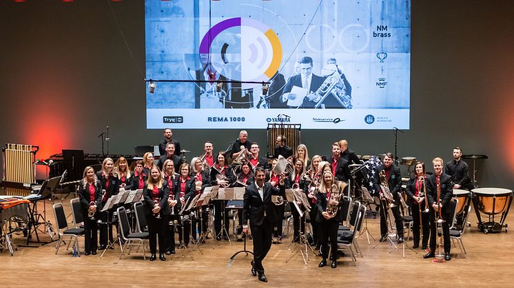 Det blir ikke gjennomført NM brass og janitsjar i 2021. Her er Rong Brass på scenen i februar. Foto: NMF/John Vint