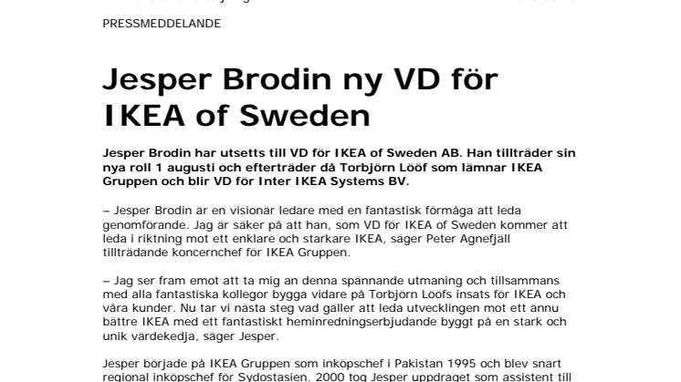 Jesper Brodin ny VD för IKEA of Sweden