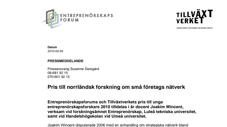 Pris till norrländsk forskning om små företags nätverk