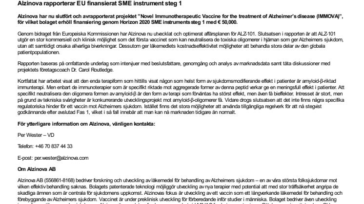 Alzinova rapporterar EU finansierat SME instrument steg 1