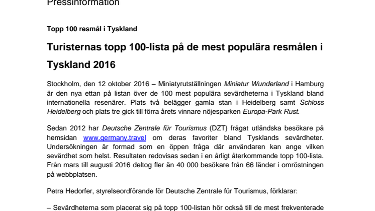 Tysklands 100 mest populära resmål 2016 – miniatyrutställningen Miniatur Wunderland i topp