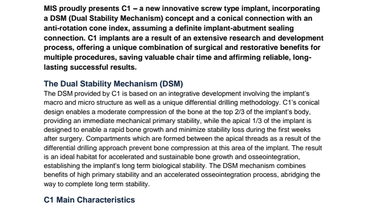 MIS is pround to present the new implant system C1 