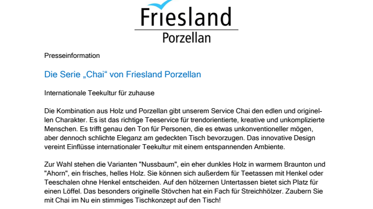Presseinformation: Die Serie „Chai“ von Friesland Porzellan - Internationale Teekultur für zuhause