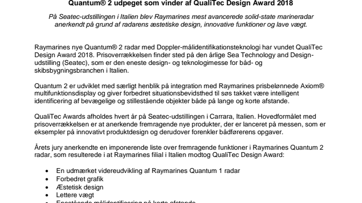 Raymarine: Quantum® 2 udpeget som vinder af QualiTec Design Award 2018 