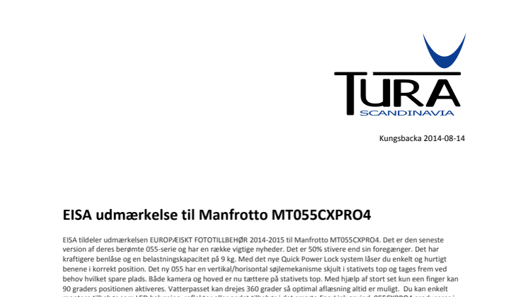 EISA udmærkelse til Manfrotto MT055CXPRO4