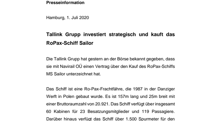 Tallink Grupp investiert strategisch und kauft das RoPax-Schiff Sailor