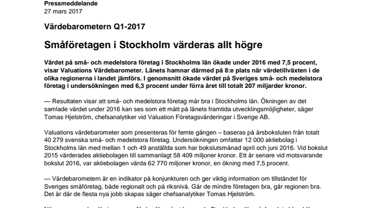 Värdebarometern Q1-2017 Stockholms län